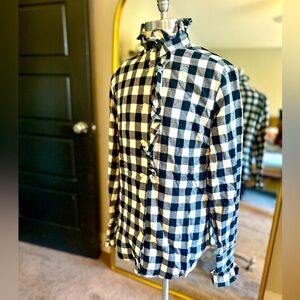 Ralph Lauren Sport Black Cream Plaid Flannel Ruffle Trim Button Up Shirt